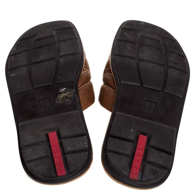 Pre Owned Prada Sports Brown Leather Flat Slide Sandals Size 42
