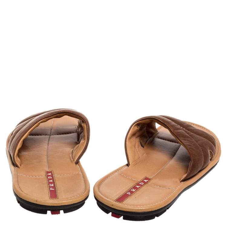 Pre Owned Prada Sports Brown Leather Flat Slide Sandals Size 42