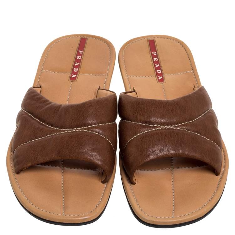 Pre Owned Prada Sports Brown Leather Flat Slide Sandals Size 42