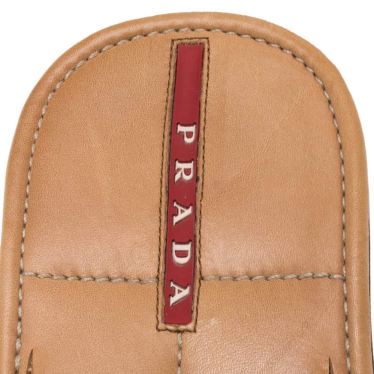 Pre Owned Prada Sports Brown Leather Flat Slide Sandals Size 42