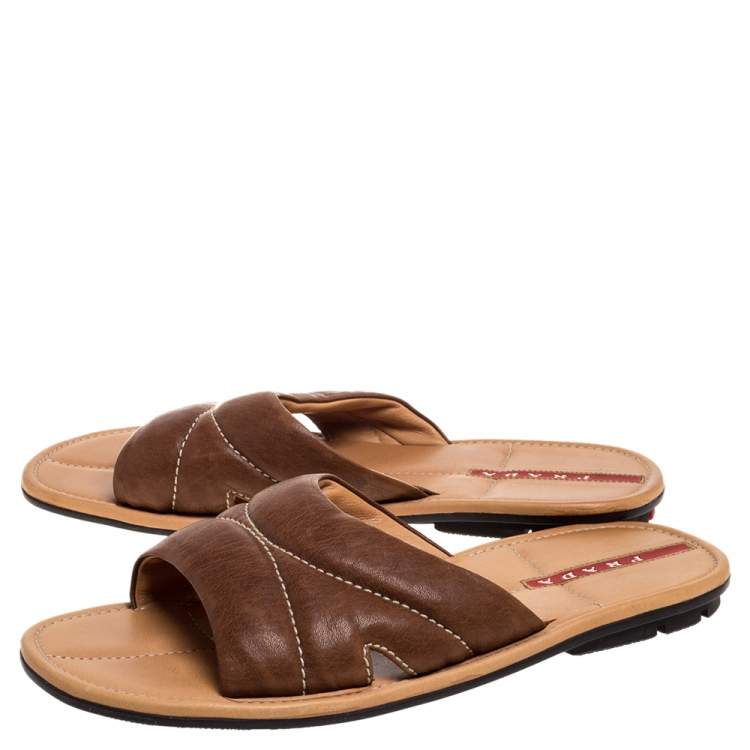 Pre Owned Prada Sports Brown Leather Flat Slide Sandals Size 42