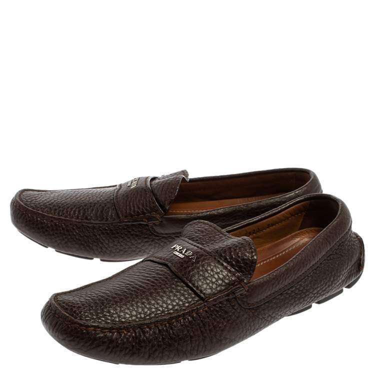 Pre Owned Prada Brown Leather Slip On Loafers Size 41.5