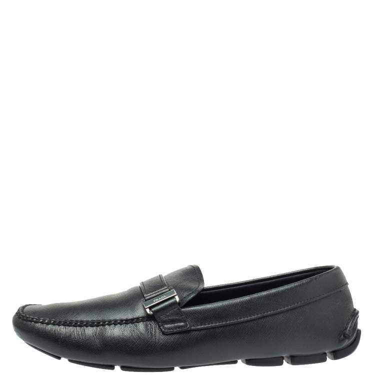 Pre Owned  Prada Black Leather Logo Buckle Slip On Loafers Size 43.5 