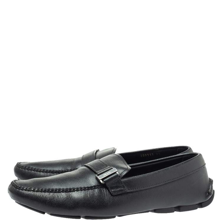 Pre Owned  Prada Black Leather Logo Buckle Slip On Loafers Size 43.5 