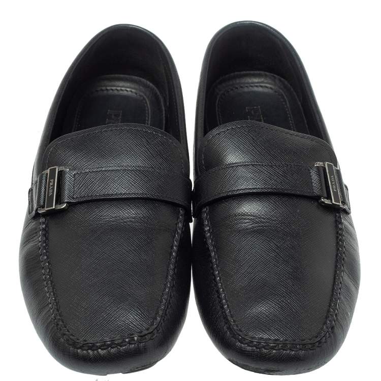 Pre Owned  Prada Black Leather Logo Buckle Slip On Loafers Size 43.5 