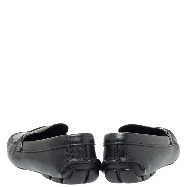 Pre Owned  Prada Black Leather Logo Buckle Slip On Loafers Size 43.5 