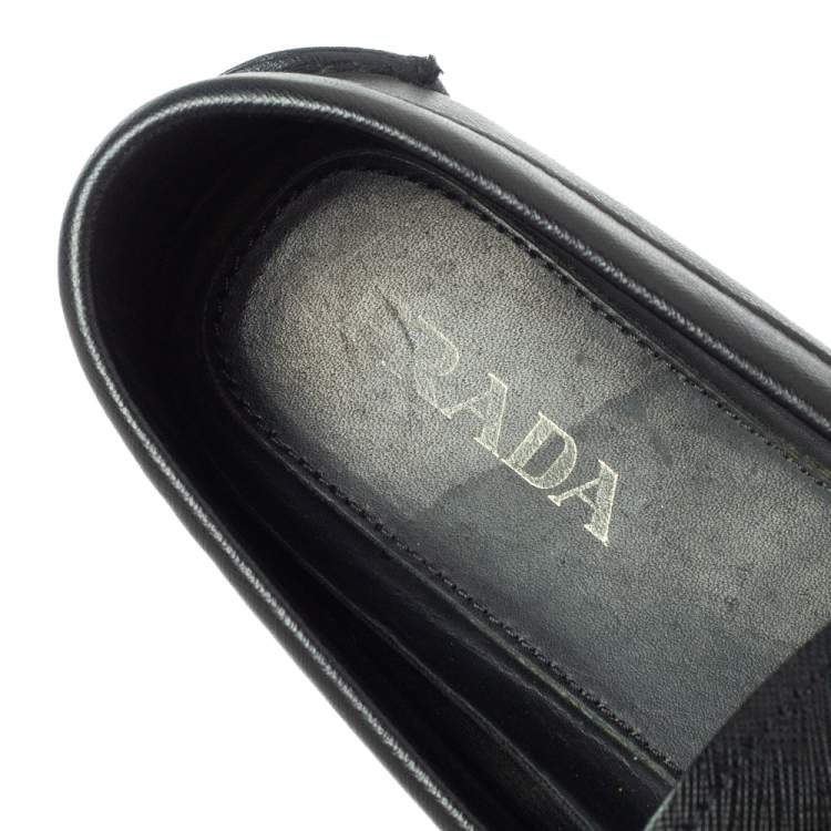 Pre Owned  Prada Black Leather Logo Buckle Slip On Loafers Size 43.5 