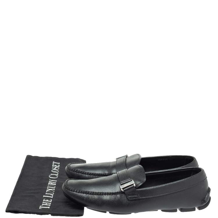 Pre Owned  Prada Black Leather Logo Buckle Slip On Loafers Size 43.5 