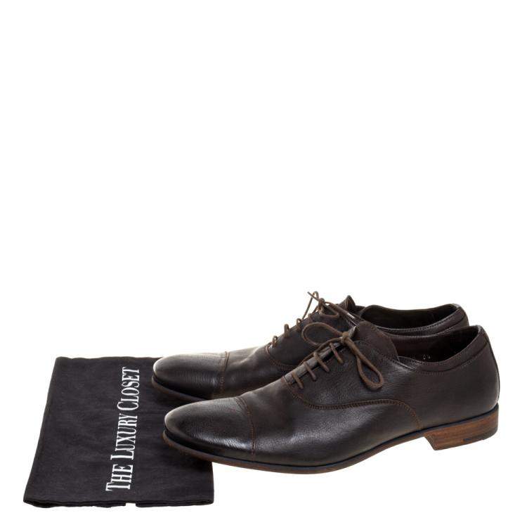 Pre Owned Prada Dark Brown Leather Cap Toe Lace Up Oxford Size 42.5