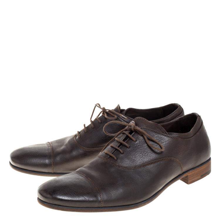 Pre Owned Prada Dark Brown Leather Cap Toe Lace Up Oxford Size 42.5