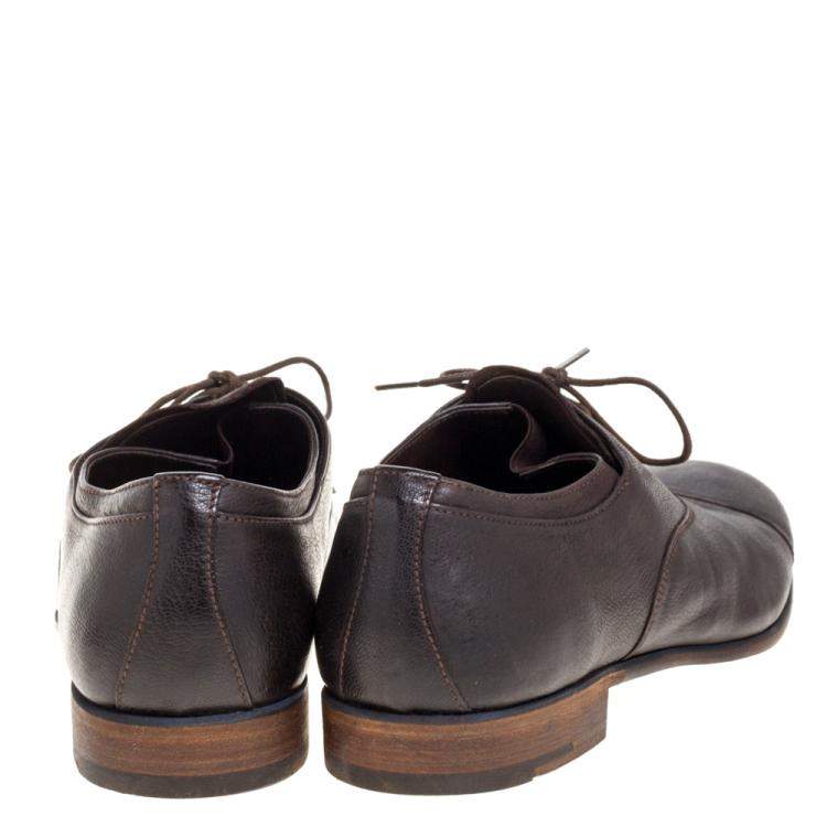 Pre Owned Prada Dark Brown Leather Cap Toe Lace Up Oxford Size 42.5