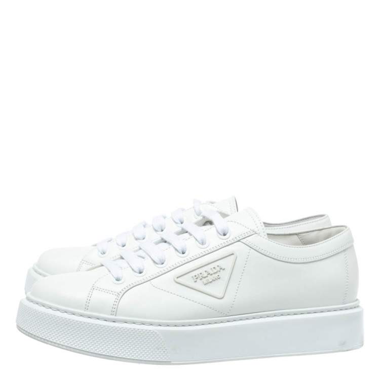 Pre Owned Prada White Leather Soft Calf Sneakers Size 43