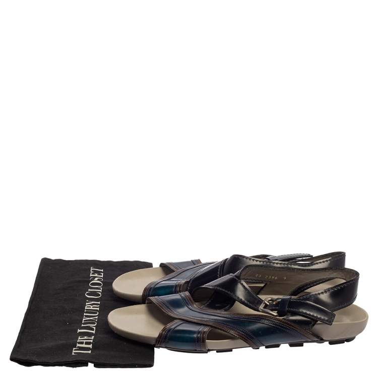 Pre Owned Prada Black/Blue Leather Slingback Slide Sandals Size 43