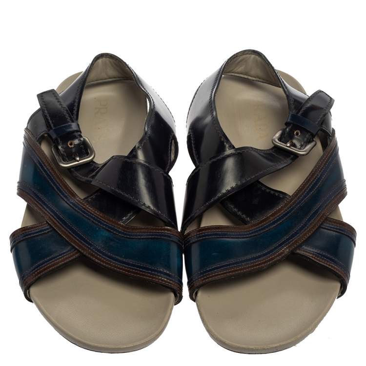 Pre Owned Prada Black/Blue Leather Slingback Slide Sandals Size 43