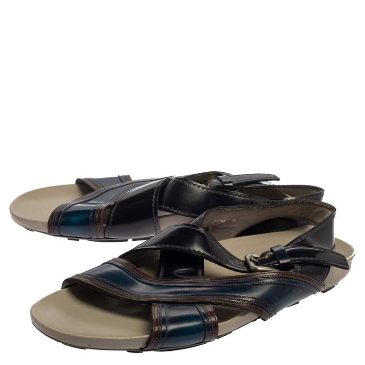 Pre Owned Prada Black/Blue Leather Slingback Slide Sandals Size 43