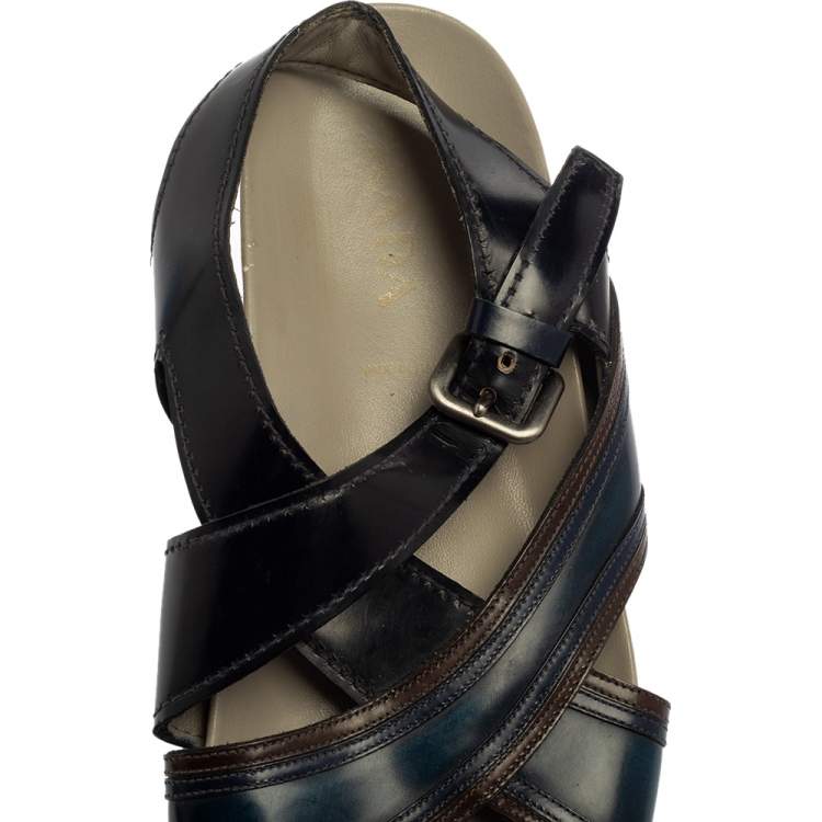 Pre Owned Prada Black/Blue Leather Slingback Slide Sandals Size 43