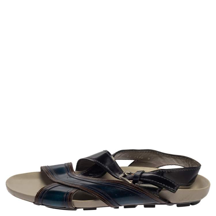 Pre Owned Prada Black/Blue Leather Slingback Slide Sandals Size 43