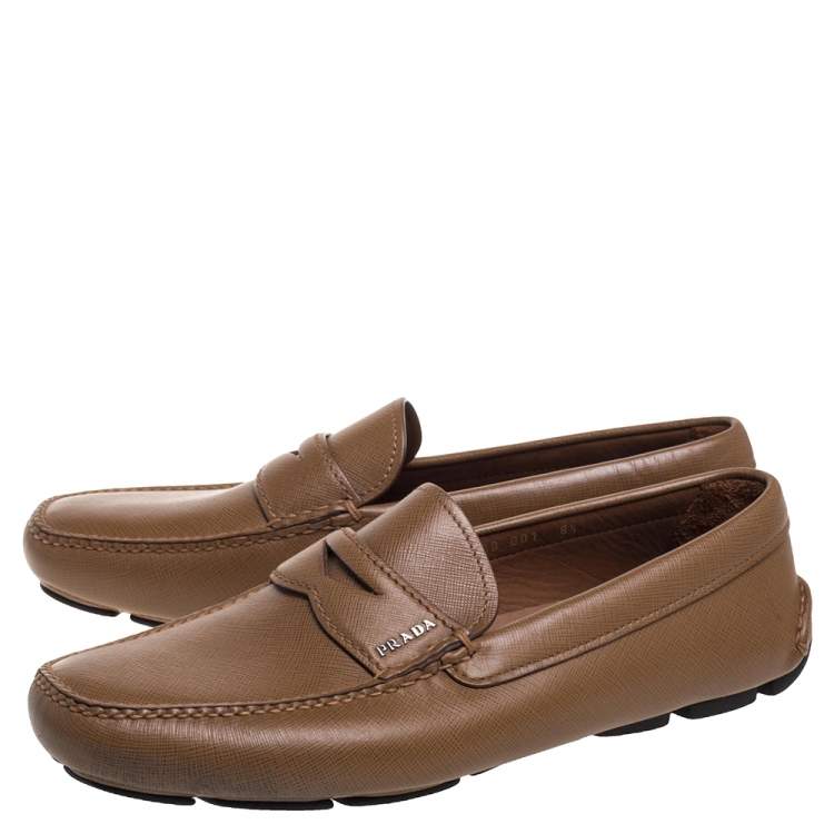 Pre Owned Prada Tan Leather Slip On Loafers Size 42.5