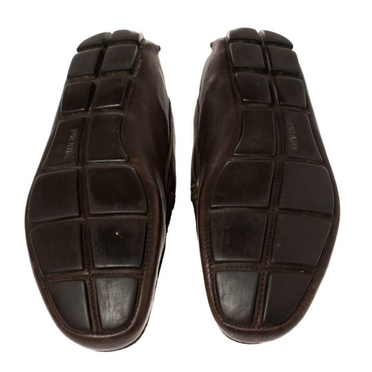 Pre Owned Prada Brown Leather Slip On Loafers Size 41.5