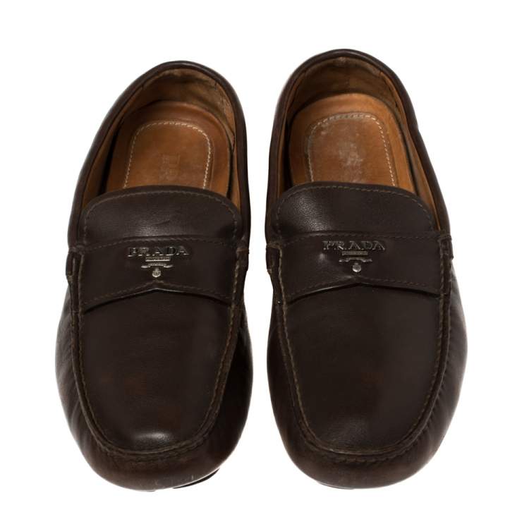 Pre Owned Prada Brown Leather Slip On Loafers Size 41.5