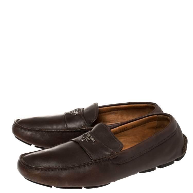 Pre Owned Prada Brown Leather Slip On Loafers Size 41.5