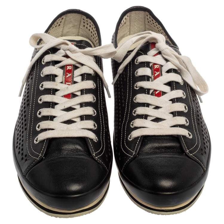 Pre Owned Prada Sport Black Perforated Leather Lace Up Sneakers Size 45