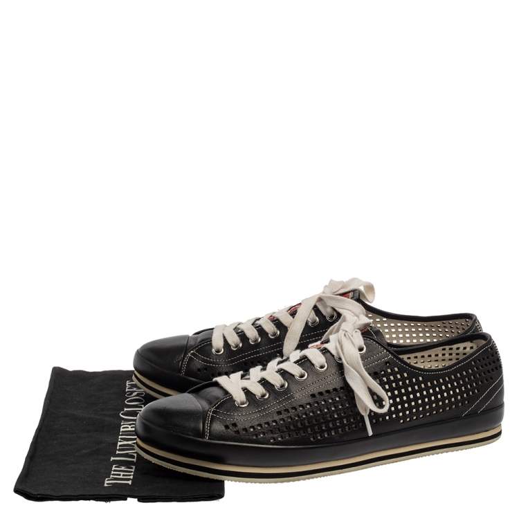 Pre Owned Prada Sport Black Perforated Leather Lace Up Sneakers Size 45