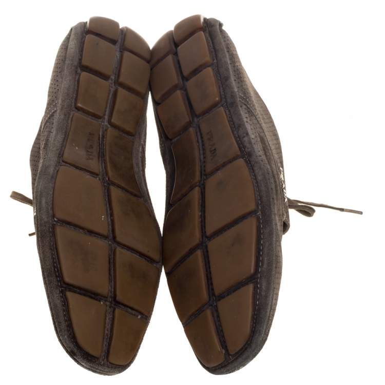 Pre Owned Prada Olive Green Perforated Suede Lace Up Loafer Sneakers Size 43.5