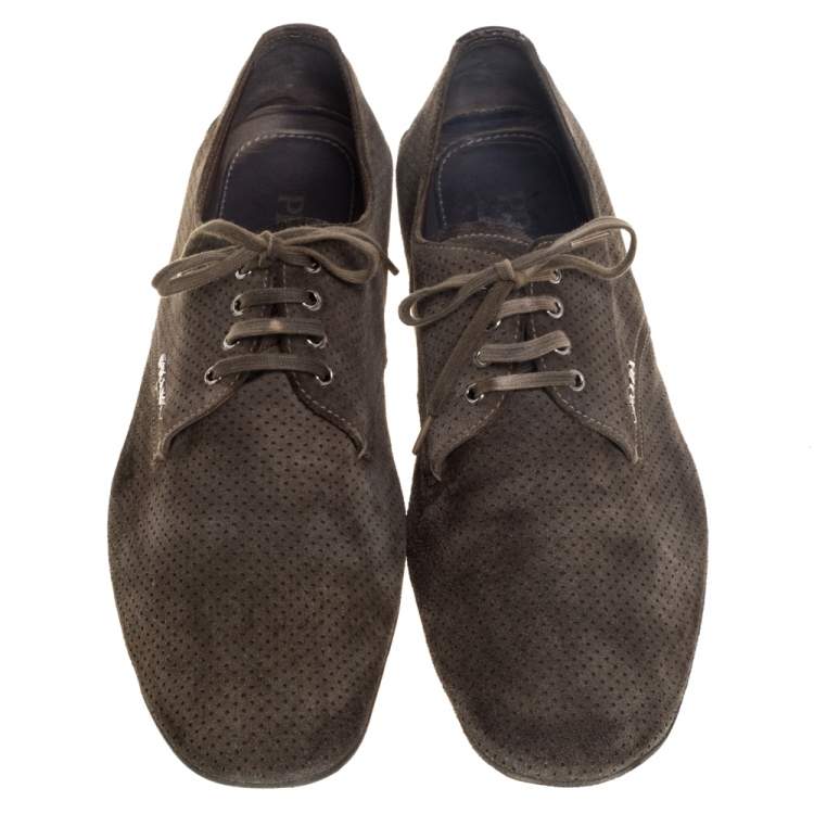 Pre Owned Prada Olive Green Perforated Suede Lace Up Loafer Sneakers Size 43.5