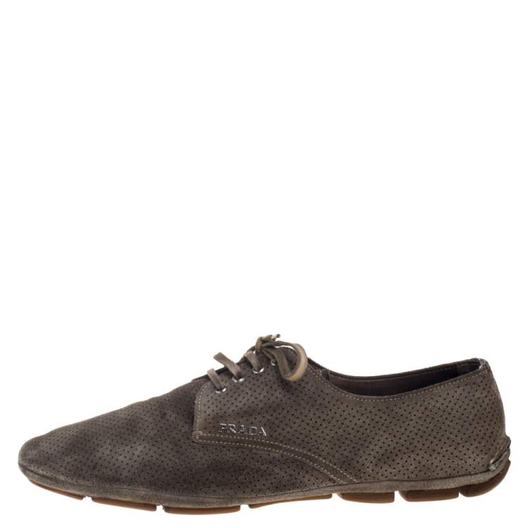 Pre Owned Prada Olive Green Perforated Suede Lace Up Loafer Sneakers Size 43.5