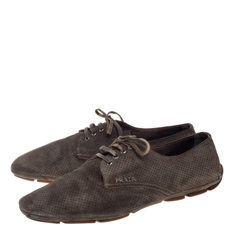 Pre Owned Prada Olive Green Perforated Suede Lace Up Loafer Sneakers Size 43.5