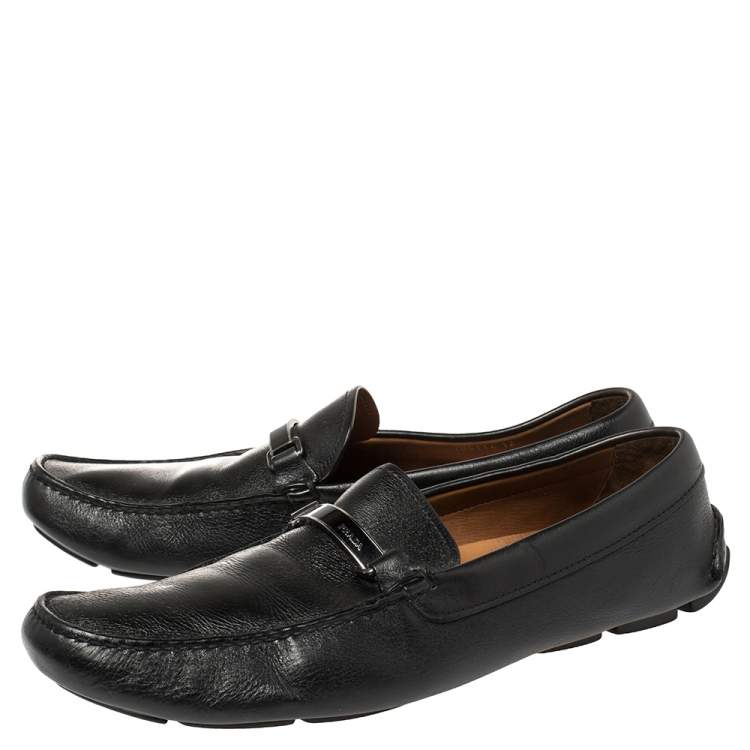 Pre Owned Prada Black Leather Logo Embellished Loafers Size 46