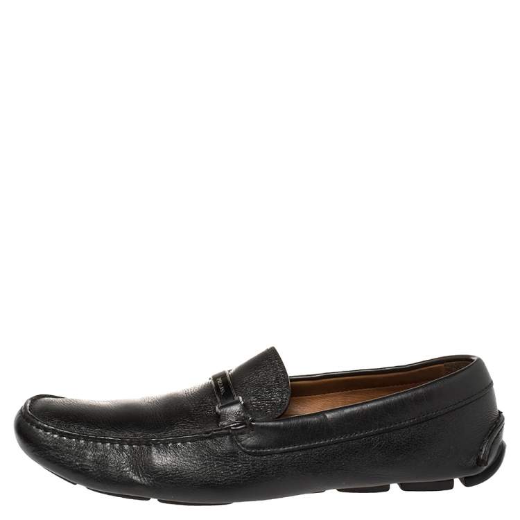 Pre Owned Prada Black Leather Logo Embellished Loafers Size 46