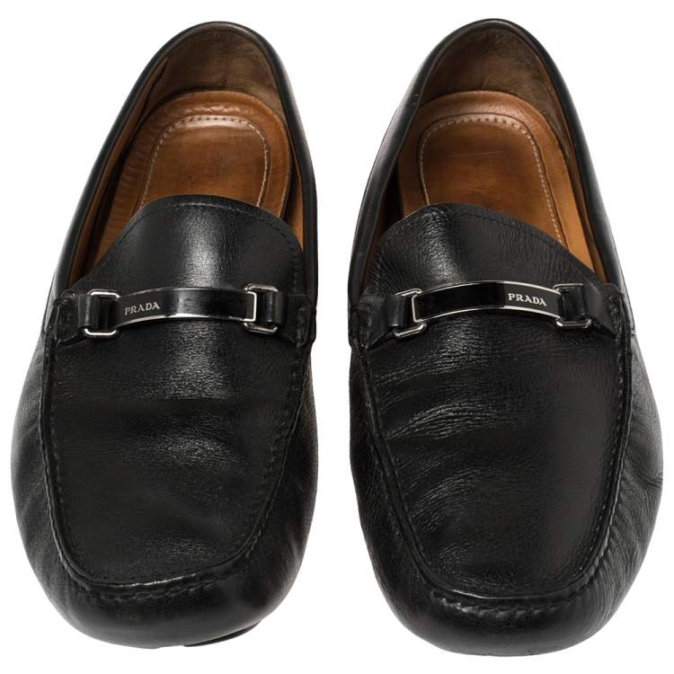 Pre Owned Prada Black Leather Logo Embellished Loafers Size 46