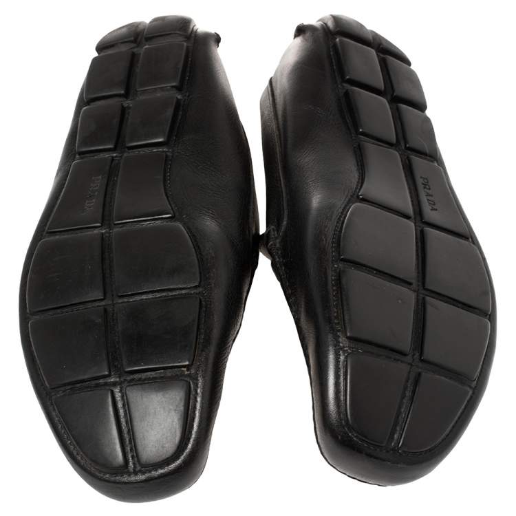 Pre Owned Prada Black Leather Logo Embellished Loafers Size 46