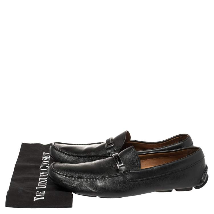Pre Owned Prada Black Leather Logo Embellished Loafers Size 46