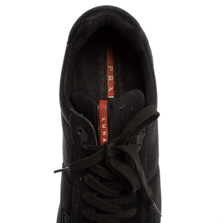 Pre Owned Prada Black Suede/Mesh Low Top Lace Up Sneakers Size 46