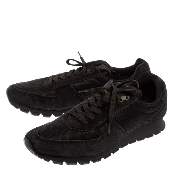Pre Owned Prada Black Suede/Mesh Low Top Lace Up Sneakers Size 46
