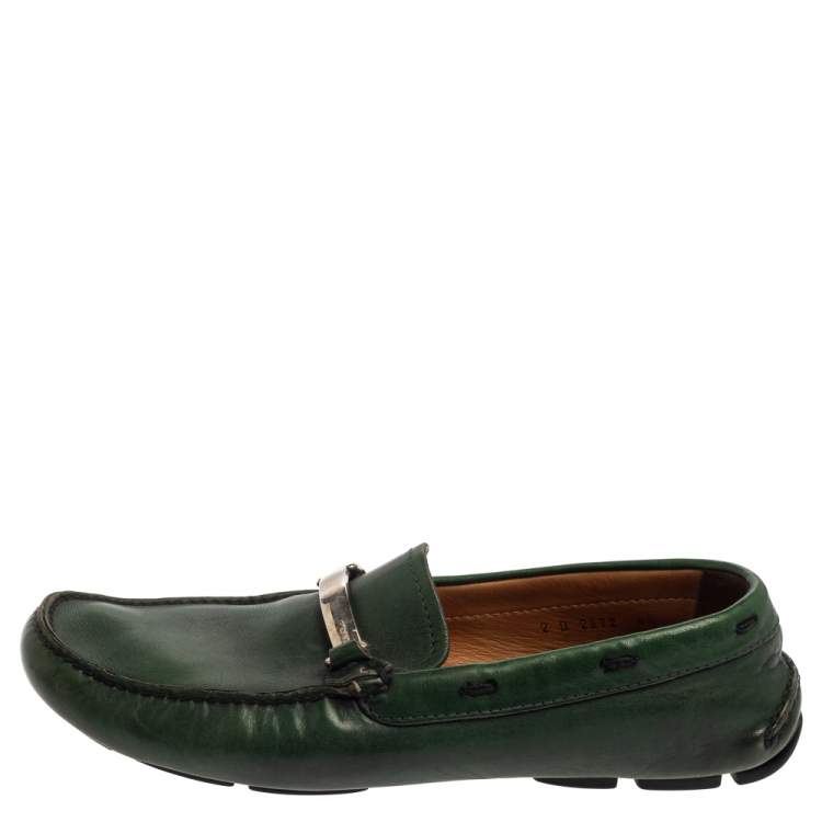 Pre Owned Prada Green Leather Slip On Loafers Size 42.5