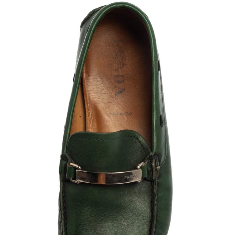 Pre Owned Prada Green Leather Slip On Loafers Size 42.5