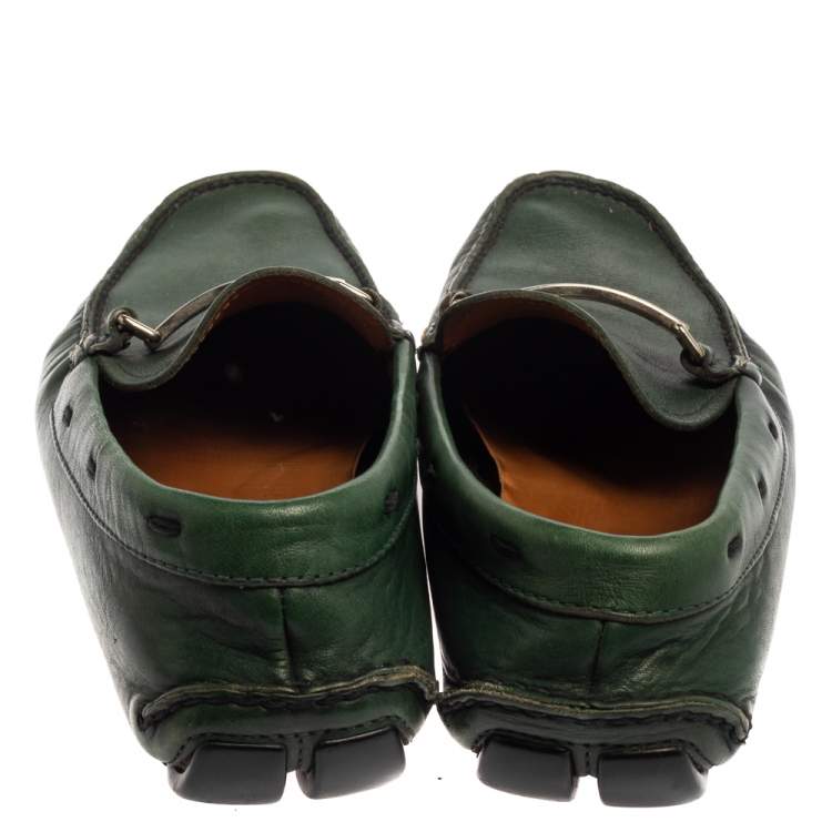 Pre Owned Prada Green Leather Slip On Loafers Size 42.5