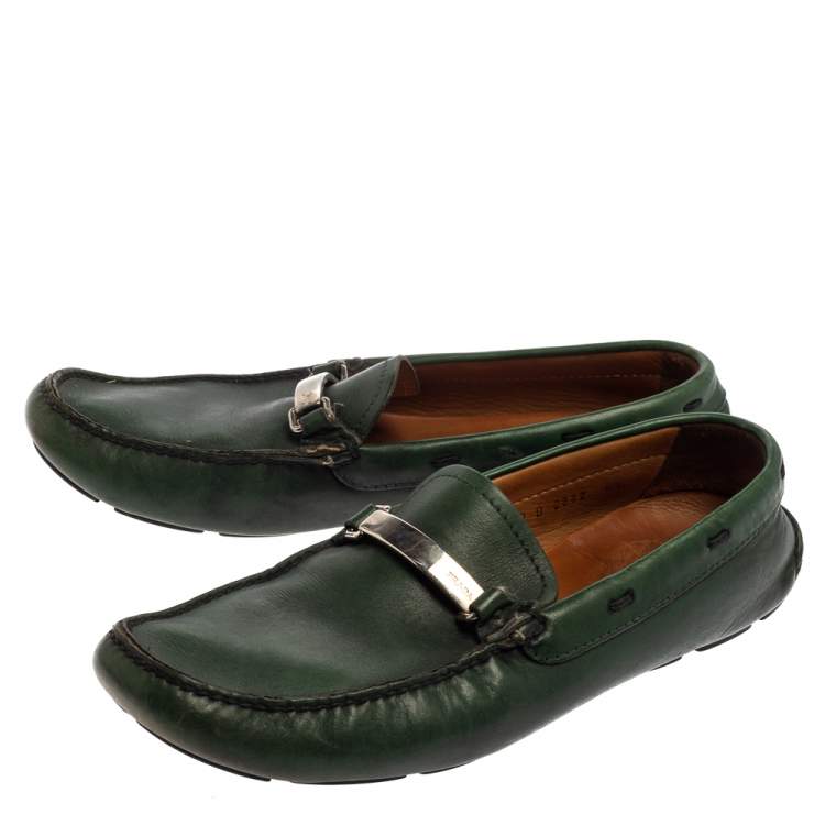 Pre Owned Prada Green Leather Slip On Loafers Size 42.5