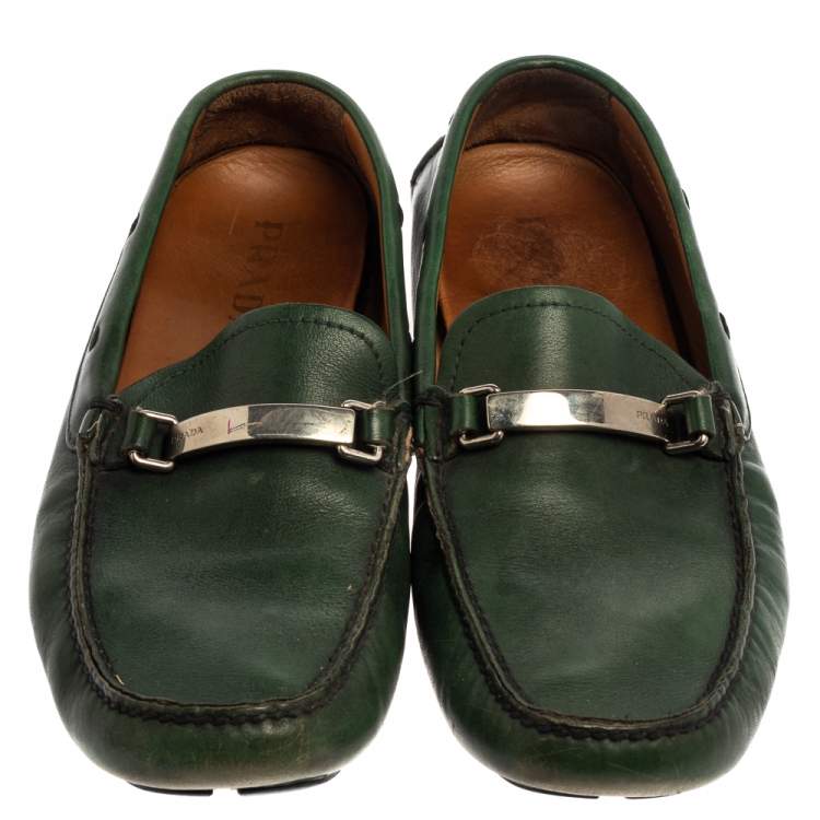 Pre Owned Prada Green Leather Slip On Loafers Size 42.5