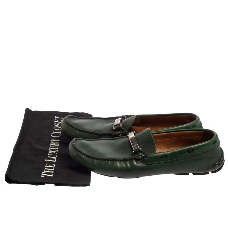 Pre Owned Prada Green Leather Slip On Loafers Size 42.5