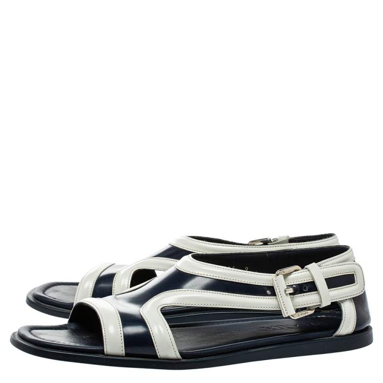 Pre Owned Prada Blue/White Leather Cutout Slide Sandals Size 43