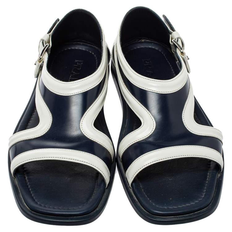 Pre Owned Prada Blue/White Leather Cutout Slide Sandals Size 43