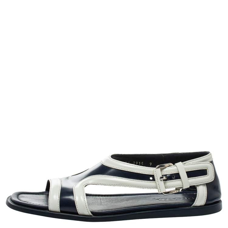 Pre Owned Prada Blue/White Leather Cutout Slide Sandals Size 43