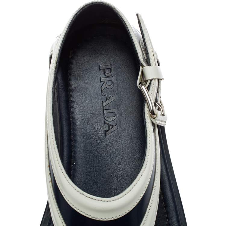 Pre Owned Prada Blue/White Leather Cutout Slide Sandals Size 43