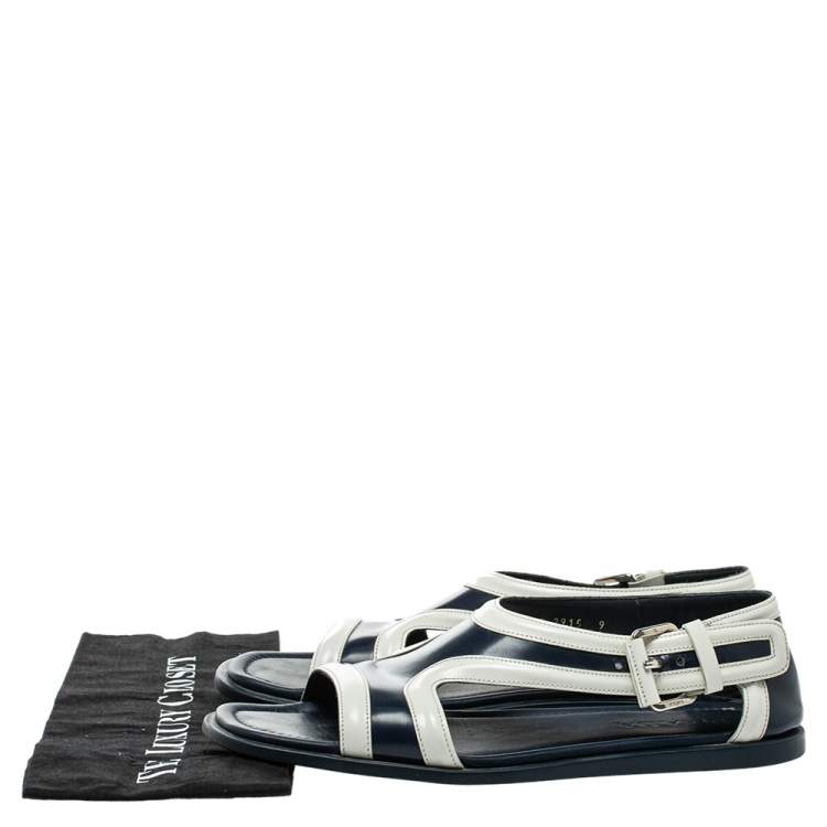 Pre Owned Prada Blue/White Leather Cutout Slide Sandals Size 43