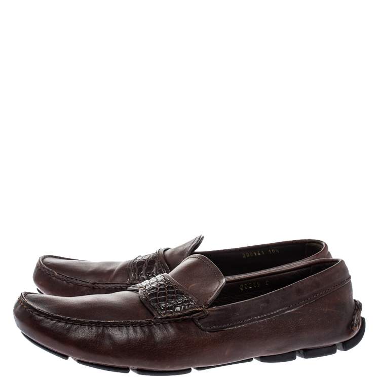 Pre Owned Prada Brown Croc And Leather  Slip On  Loafers Size 44.5